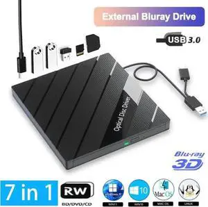 External Blu Ray Drive, Portable Bluray Player Writer Reader, CD Burner with USB 3.0 USB 2.0 Ports & SD Card, DVD & CD-ROM +/-RW, External Blu-Ray Drives for PC Laptop Desktop Windows Mac Linux