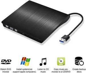 JAENFONG External CD Drive USB 3.0 Portable CD DVD +/-RW Drive DVD/CD ROM Rewriter Burner Writer Compatible with Laptop Desktop PC Windows Mac Pro MacBook (Black)