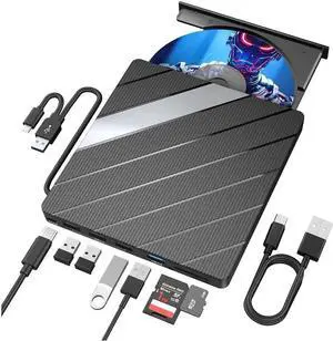 External CD DVD Drive for Laptop, [8 in 1] USB 3.0 & Type C Portable CD DVD Rewriter Burner with 4 USB A Ports & SD/TF Card Reader, Support Faster Transfer Speed CD 8X DVD 24x for Windows MacOS
