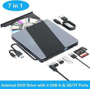 JAENFONG External CD DVD Drive for Laptop, [7 in 1] Portable CD Player DVD Burner with 4 Ports USB A & SD/TF Card Reader, Support Faster Transfer Speed CD 8X DVD 24x for Windows 11/10/7 MacOS and More