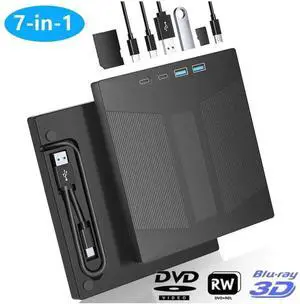 JAENFONGExternal Blu Ray Drive, 7 IN 1 Portable Blu Ray Burner USB 3.0 Type-C Blu Ray Drive Support 100G Disc Read&Write External Bluray CD/DVD Drive Compatible with Windows MacOS Linux Laptop Desktop