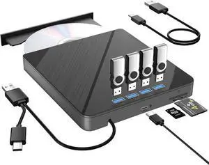 JAENFONG [7 in 1] External CD DVD Drive for Laptop with 4 USB Ports and TF/SD Card Slots USB 3.0 Portable CD/DVD Disk Drive Player Burner Reader Writer for Laptop PC Windows 11/10/8/7 Linux, Mac OS
