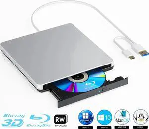 External Blu-ray Drive, BD Player with Read/Write Capability Portable Blu-ray CD/DVD Drive Burner with USB 3.0 and Type-C DVD Burner 3D Blu-ray Drives Compatible with Windows and Mac OS PC Laptops