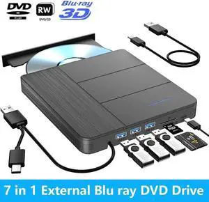JAENFONG 7 in 1 External Blu-ray Drive with 4 USB Port & TF/SD Card Slots, Support 100G Read & Write, Portable DVD Drive Blu ray Burner, Suitable for Laptop, Desktop, Windows XP/7/8/10/11,Linux, MacOS