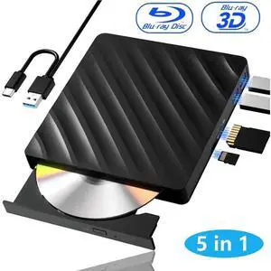 5 in 1 External Blu Ray Drive, Portable Blu Ray Player with USB 3.0 Type-C, CD DVD Burner 3D Blu-Ray with SD/TF Ports, Blu Ray Drive Compatible with Windows Laptop Desktop, Bluray Player for PC