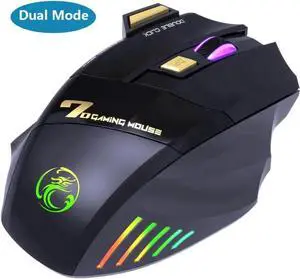 Dual Mode Wireless Gaming Mouse, Rechargeable USB 2.4G + Bluetooth 5.1 Wireless Mice, with 7-Color Rainbow Luminous, 3 adjustable DPI levels(up to 3200 dpi), Optical Effect Gaming Mice (Classic Black)