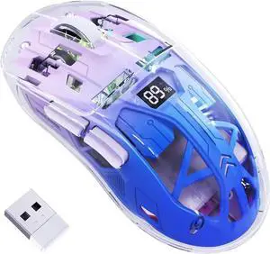 JAENFONG Transparent Wireless Gaming Mouse, Dual Mode BT 5.0/2.4G PC Gaming Mice, PixArt 3212 5 Adjustable DPI, Rechargeable Silent Mouse with Digital Screen, RGB Backlight Mouse for Win/Mac (Purple)