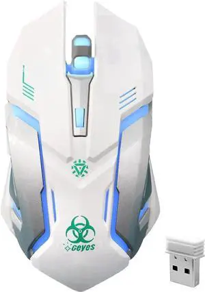 JAENFONG 2.4G RF Wireless Gaming Mouse, Silent Click Wireless Rechargeable Mouse with Colorful LED Lights and 3 Level DPI 400mah Lithium Battery for Laptop and Computer (Black) White