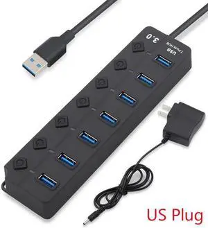 JAENFONG Powered USB Hub 3.0, 7-Port USB Data Hub Splitter with One Smart Charging Port and Individual On/Off Switches Power LED and 5V Power Adapter, USB Extension for MacBook, Mac Pro/Mini