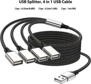 JAENFONG USB Splitter USB 1 Male to 4 Female USB Hub Extension Cable, USB Splitter Adapter for Mac Macbook,Car,Xbox One Series X/S,Flash Drive,HDD,Laptop 0.8Feet