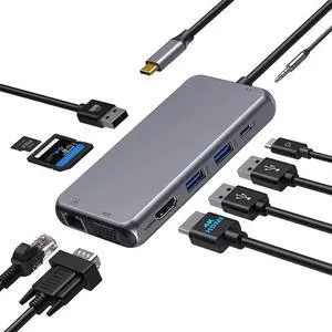 JAENFONG USB C Hub Type C Multiport Adapter for MacBook Pro/Air,10 in 1 Mac Dongle with HDMI, Ethernet, VGA, PD Port, 3 USB 3.0, SD/TF Card Reader and Mic/Audio for Windows Type C Laptops