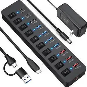 11-Port Powered USB Hub 3.2, Type C & USB 3.2 Gen2 (10Gbps)*3 + USB3.0 (5Gbps)*4 + Charging Port*4 with 12V Power Adapter Individual Switches Multiport Expander for Laptop PC Phone External SDD
