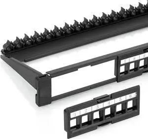 JAENFONG (1-Pack) - 24 Port Keystone Patch Panel - Snap-in Design with Adjustable Rear Cable Management Bar - Heavy-Duty 19" 1U Rack, Cabinet Mount - for CAT5e, CAT6, CAT6A, USB, HDMI