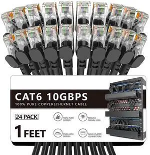 Cat6 Ethernet Cable 1 ft 24Pack, Outdoor&Indoor, 10Gbps Support Cat8/7 Network, 24AWG Pure Copper Patch LAN Cord, Direct Burial Waterproof UV Resistant for Router, Modem, Switch, Server, Black