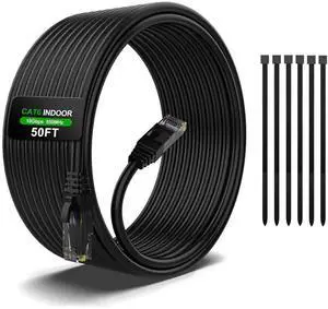 50FT Cat6 Ethernet Cable, Cat 6 Patch Cable, Cat6 Internet Cable, UTP Network Cable, Indoor and Outdoor, PoE, 24AWG CCA, Compatible for PC, Laptop, Router, Switch, Server, with 25 Cable Ties - Black