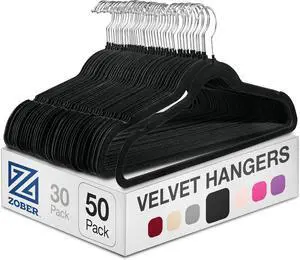 Zober Velvet Hangers 50 Pack - Black for Coats, Pants & Dress Clothes - Non Slip w/ 360 Degree Swivel, Holds up to 10 lbs - Strong Felt Hangers for Clothing