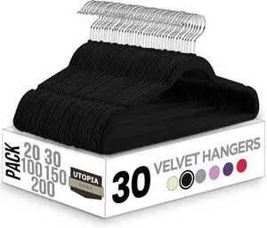 Utopia Home Velvet Hangers 30 Pack - Non-Slip Suit Hangers with 360 Degree Rotatable Hook - for Pants, Coats, Shirts & More (Black)