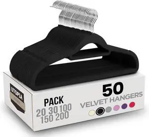 Utopia Home Premium Velvet Hangers 50 Pack - Non-Slip Clothes Hanger with Tie Bar - Black Hangers with 360 Degree Rotatable Hook - Heavy Duty Coat Hanger
