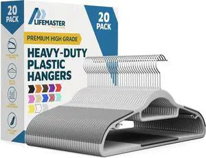 Plastic Clothes Hanger Set - 20 Pieces Versatile, Lightweight, Space-Saving, Non-Slip, Slim Designed, Dry and Wet Clothes Hanger Set with 360° Swivel Hook and Rubber Coating - Gray