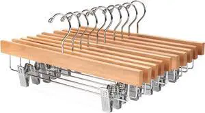 Nature Smile Solid Lotus Wood Deluxe Wooden Pants Hangers Bottom Hanger Jeans Hanger Skirt Hanger with 2-Adjustable Clips Anti-Rust Hook Pack of 10 (Natural)