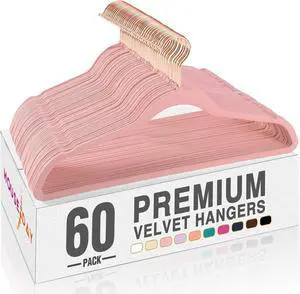 HOUSE DAY Pink Velvet Hangers 60 Pack, Premium Non-Slip Felt Clothes, Sturdy Heavy Duty Coat, Durable Hangers for Suits, Space Saving with No Hanger Mark, 360° Swivel Rotating Rose Gold Hook