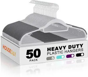 HOUSE DAY Plastic Hangers 50 Pack, Grey Plastic Clothes Hangers Non Slip with Rubber Grip, Heavy Duty Hanger with 360° Swivel Metal Hook, Ultra Thin Hangers Space Saving for Closet Organizer