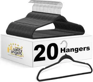 Quality Hangers 20 Pack Plastic Hangers for Clothes - Slim Non-Velvet Hangers with 360° Swivel Chrome Hook & Non Slip Notches - Ideal for Dresses Coats Shirts Jackets & More - Black