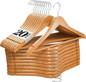Premium Wooden Hangers 20 Pack - Durable Non Slip Coat Hangers Heavy Duty- Natural Solid Wood Hangers - Clothes Hangers with Chrome Swivel Hooks - Great for Jacket, Dress, Suit Hangers, Home-It