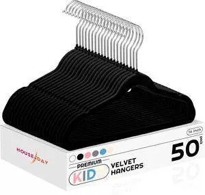 HOUSE DAY 14 Inch Kids Velvet Hangers 50 Pack, Durable Big Kid Hangers for Youth, Teen, Non Slip Kids Felt Hanger, Cute Childrens Hanger for Closet, Black