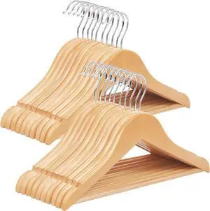 SONGMICS Kids Wooden Hangers 20 Pack, Solid Wood Baby Hangers, Children's Coat Hangers with Pants Bar, Shoulder Notches, Swivel Hooks, 12.6 x 7.5 Inches, Natural and Silver UCRW06NL