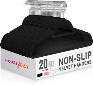 HOUSE DAY Velvet Hangers 20 Pack, Non-Slip Hangers with Tie Bar, Premium Standard Clothes Hanger Slim Felt Hanger 360° Swivel Hook for Closet Organized StorageElegance Black 72g/Pc