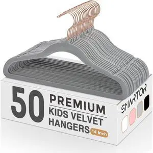 Smartor Kids Velvet Hangers 50 Pack, 14'' Inch Premium Non Slip Kids Felt Hangers for Closet, Space Saving Toddler Clothes Hanger for Youth's Childrens' Clothes (Rose Gold Hook)- Grey