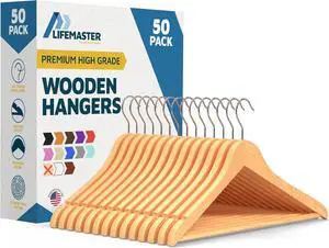 Wooden Hanger Set - 50 Pieces Non-Slip Versatile Closet Space-Saving Hanger Set for Suit, Coat, Camisole, Jacket, Pants, and Dresses with Rotating Swivel Hook - Natural Wood
