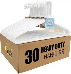 Quality White Plastic Hangers 30 Pack - Super Heavy Duty Multipack for Clothes - Thick Strong Standard Closet Clothing Hangers with Hook for Scarves and Belts-17 for Coats (White, 30)