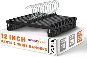 HOUSE DAY Black Pants Hangers 50 Pack, 12 Inch Skirt Hangers with Non-Slip Big Clips and 360° Swivel Hook, Heavy Duty Slim Plastic Pant Hanger, Space Saving Clip Hanger for Pants, Skirts, Shorts