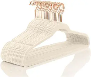 MIZGI Premium Velvet Hangers (50 Pack) Heavy Duty - Non Slip Felt Hangers - Velvet Suit Hanger Ivory - Rose Gold Hooks,Space Saving Clothes Hanger