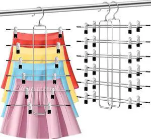 Closet-Organizers-and-Storage,6 Tier Pants-Hangers-Space-Saving,Skirt-Hangers with Clips for Closets Organizer,College-Dorm-Room-Essentials,2 Pack Closet Storage Clothes Shorts Jean Hanger