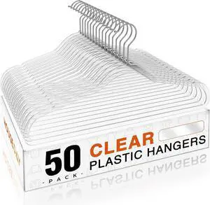 HOUSE DAY Clear Plastic Hangers 50 Pack, Space Saving Clear Hangers for Clothes, Durable Adult Crystal Hanger for Dress, Shirts, Coats, 360° Swivel Hook