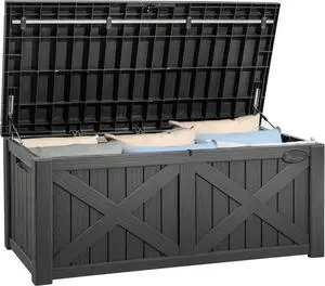 YITAHOME 120 Gallon Large Deck Box with X-Shaped Front, Resin Outdoor Storage Boxes, Waterproof Cushion Storage Bench for Patio, Pool Supplies, Garden Tools - Lockable, Dark Gray