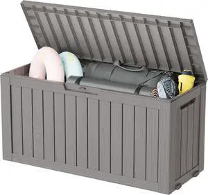 KAMABOKO Deck Box, 72 Gallon Resin Indoor and Outdoor Storage Boxes Waterproof for Garden Tools, Pool Accessories Storage Bench, Patio Furniture and Cushions with Lockable Lid, Grey