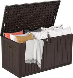 DWVO 150 Gallon Double-Wall Deck Box, XL Large Resin Outdoor Storage Box, Lockable & Waterproof, Double as Seating, 1000lbs Capacity (Brown)