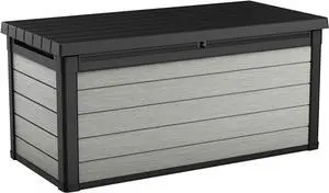 Keter Denali 150 Gallon Resin Large Deck Box with Double Wall 20mm Panels - Paintable and Drillable-Organization and Storage for Patio Furniture and Outdoor Items, Grey & Black
