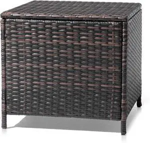 VINGLI 27 Gallon Outdoor Deck Box, Wicker Outdoor Storage Box with Lid, Small Storage Bin Container for Outside and Patio, Patio Rattan Side Table for Yard Porch (Brown, Square)