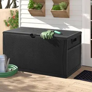120 Gallon Resin Wicker Patio Storage Box, Outdoor Storage Container Deck Box and Gar,(Black)