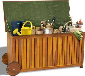 Outvita 57 Gallon Acacia Wood Outdoor Storage Bench, Garden Backyard Deck Box, Storage Container with Wheels for Indoors Patio Furniture Cushions and Gardening Tools