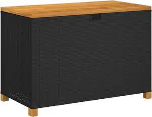 vidaXL Patio Storage Box/Bench Seat - Black Poly Rattan & Acacia Wood, for Garden/Patio, 43.3"x21.7"x24.8" - Weather Resistant w/Waterproof Bag