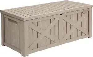 YITAHOME 120 Gallon Large Deck Box, Upgraded Resin Outdoor Storage Boxes w/Flexible Divider, Waterproof Cushion Storage Bench for Patio Furniture, Pool Supplies, Garden Tools - Lockable, Taupe