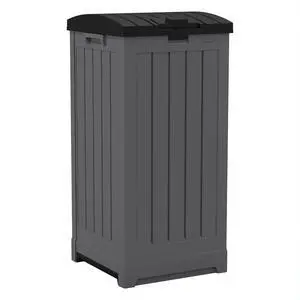 Suncast Trash Hideaway 39 Gallon Outdoor Trash Can Patio or Deck Waste Bin with Latching Lid, Liquid Tray, Handles, and Trash Bag Holder, Peppercorn