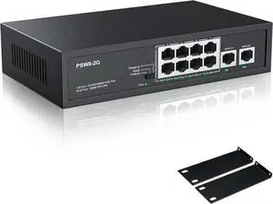 8 Port Full Gigabit PoE+ Switch with Rack Mount Ears, with 2 Gigabit Uplink Ports Up to 30W Per Port, Total Budget 120W, 48 Volt 802.3af/at Compliant, Compatible with PoE IP Cameras VOIP Phones