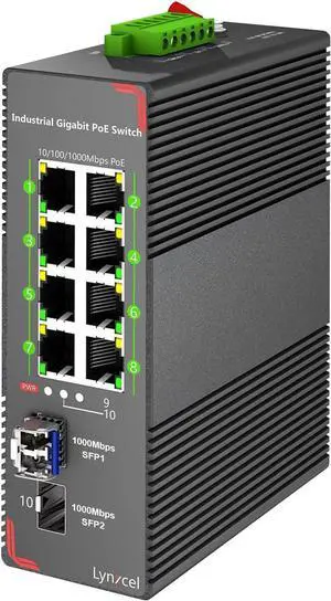 8-Port Industrial Gigabit PoE Switch, 96W PoE Budget 48-57V Output, 2 x SFP Gigabit Slots with One Gigabit SFP Module, Din Rail PoE Switch Unmanaged with Power Supply